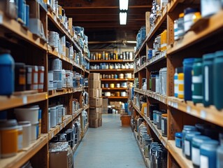 Obraz premium blurry photo of aisle and shelves in a paint shop
