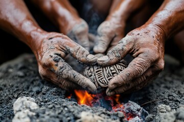Hands of a ceramicist carefully shaping pottery with glowing embers nearby, emphasizing traditional craftsmanship, teamwork, and the fiery heart of creation.