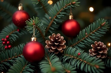 Fototapeta premium Pine branch with Christmas toys. Holiday mood