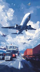 Fototapeta premium An illustration of cargo ships, acting as air traffic control to make it look like an airplane is flying over the sea next to containers and trucks on roads