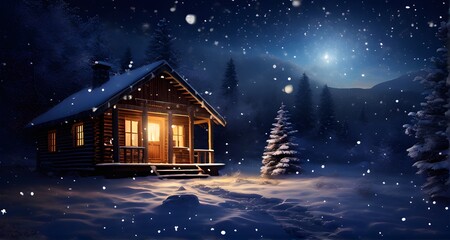 Fototapeta premium Wooden Cabin in a Tranquil Snowy Night_089