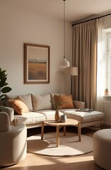 Fototapeta premium Modern apartment with contemporary decor in warm colors and beautiful furniture