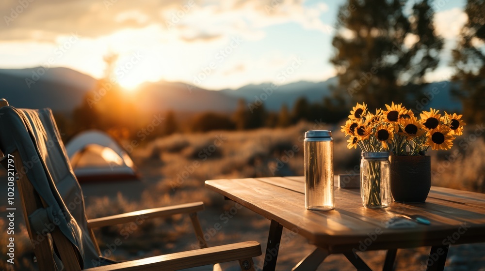 Poster A wooden table topped with a vase of sunflowers