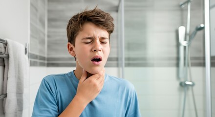 Teenage boy with sore throat holding his neck in bathroom