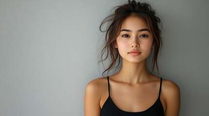 Fototapeta premium A young woman with long dark hair is looking directly at the camera. She is wearing a black tank top and has a neutral expression. Her hair is pulled back in a messy bun.