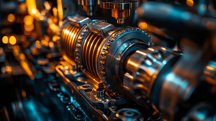 Close-up of Complex Industrial Machine Gears and Components