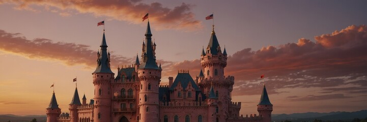 Fototapeta premium A castle with a red roof and a flag on top. The castle is in the background. The sky is orange and the clouds are white