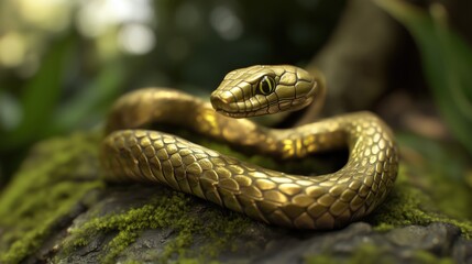 A golden snake resting on mossy terrain, blending with its natural surroundings in a serene atmosphere.