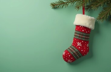 Christmas sock on light green background with copy space