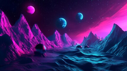 Fototapeta premium A vibrant cosmic landscape featuring colorful mountains and multiple planets in a starry sky, creating a surreal, otherworldly atmosphere.