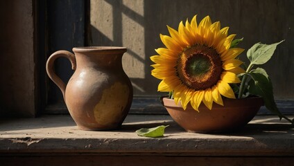 Yellow sunflowers in a pot on an old windowsill