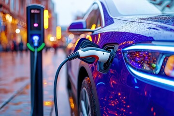 A vibrant blue electric car is seen charging at a station in a bustling city setting, emphasizing modern transport and eco-friendly technology in a wet urban environment.