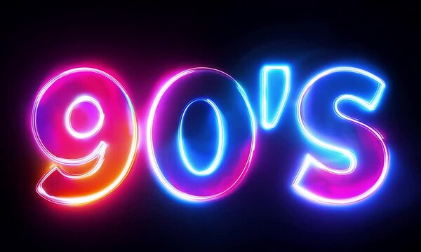 Bright neon 90's text glowing in vibrant colors on a dark background for a retro nostalgic theme