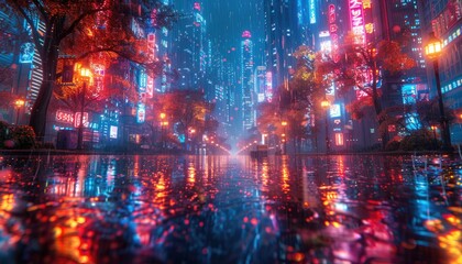 Obraz premium Rain-slicked city street at night with vibrant neon signs and reflections.