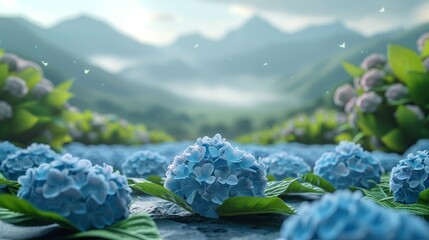 Blue hydrangea flowers in a field with a mountain range in the background.