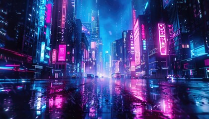 Obraz premium Neon-Lit City Street with Reflections in Puddles