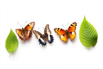 Obraz premium Three colorful butterflies flying near green leaves on white background