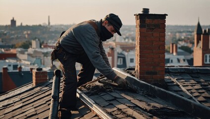 A chimney sweep cleans a chimney on the roof of a building