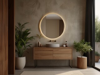 A minimalist bathroom features a wooden vanity with a large round mirror and a single pendant light