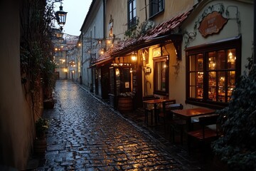 Fototapeta premium Romantic cobblestone street with restaurants illuminating at twilight in prague