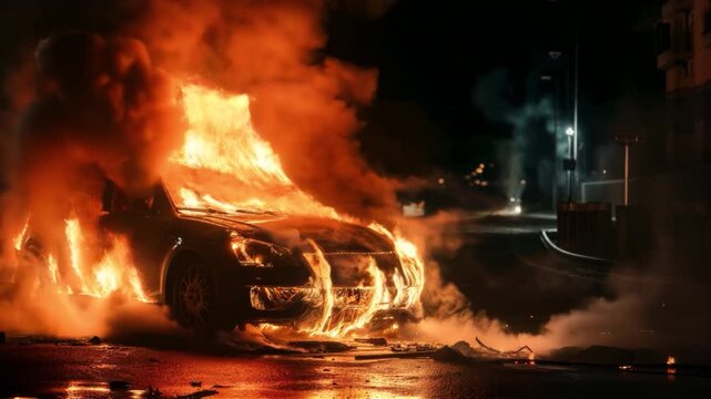 Car engulfed in intense flames at night, creating dramatic scene of destruction.	