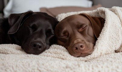 Two dogs are sleeping on a bed. One is black and the other is brown. They are covered by a blanket