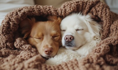 Two dogs are sleeping in a blanket. One is brown and the other is white. The brown dog is on the left and the white dog is on the right