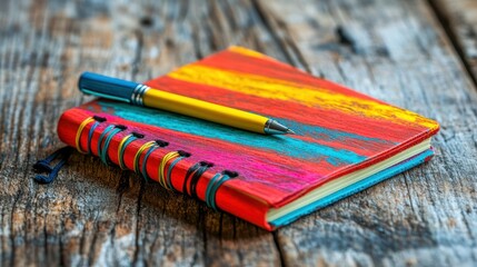 Fototapeta premium Colorful Notebook with Yellow Pen on Wooden Surface