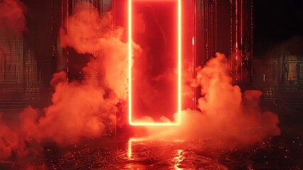 A neon sign with a glowing red letter "I" in the middle of a room with smoke and fire