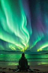 Obraz premium Back view of a man on the beach watching the beautiful green northern lights on the sky with copy space. Vertical Background Photo.