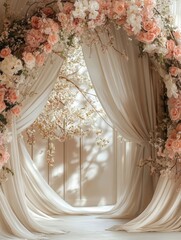 Elegant floral backdrop with soft pink roses and draped curtains for a romantic setting.