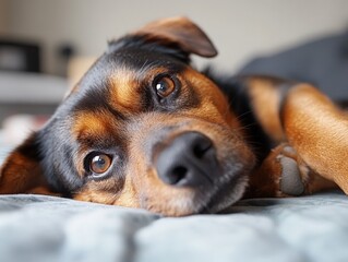 A charming dog with expressive, curious eyes lies down, evoking playfulness and companionship, capturing a moment of attentive observation and warmth.
