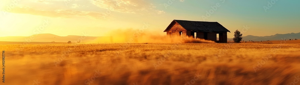 Wall mural scenic field at sunset with a rustic house and golden grass.