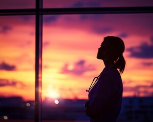 Silhouette of a healthcare professional against a colorful sunset background.