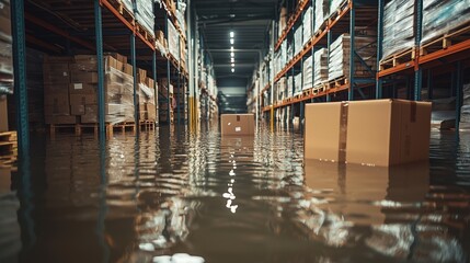 Flooded warehouse with submerged boxes, highlighting flood risk and mitigation needs.