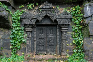 Fototapeta premium Ornate Carved Wooden Doorway with Stone Surroundings and Greenery