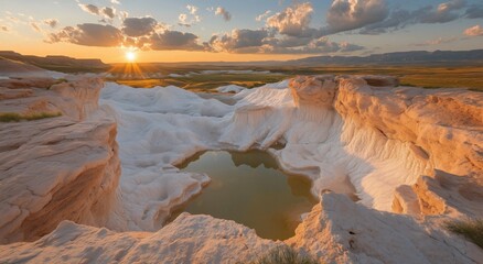 A large body of water sits in a rocky valley. The water is greenish-brown in color