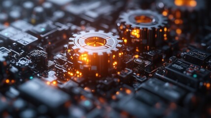 A futuristic representation of glowing mechanical gears merged with high-tech circuits and components.