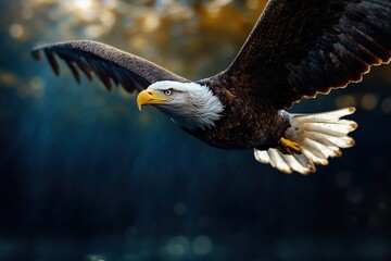 Obraz premium A majestic bald eagle flies through a sunlit sky with its wings fully extended, highlighting its strength and freedom in a stunning natural display.