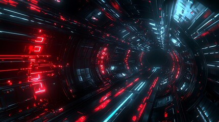 Abstract futuristic tunnel with red and blue glowing lights.