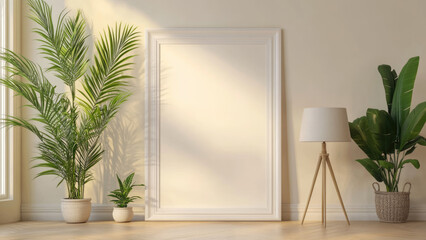 Minimalist Room with Green Plants, Lamp, and Empty Frame on Wall