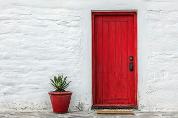 Red Doorway with Plant in a Pot on a White Wall