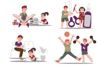 Kids in educational and craft lessons and workshops to enhance their creativity, problem-solving skills, motor abilities, flat vector illustration isolated on white. Creative children characters set.