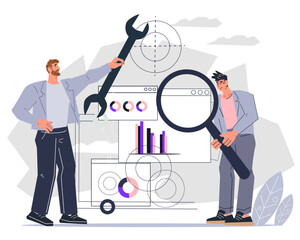 Software developers and testers work together to identify and fix bugs in software programs. Testers and developers in the software development process, flat vector illustration isolated on white.