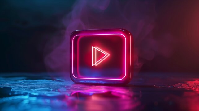 Button neon Play triangle shape on square light on dark background