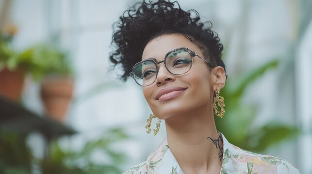 Young woman with curly hair wearing glasses and earrings in a greenhouse setting - Powered by Adobe