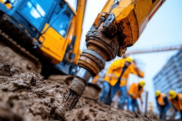 Fototapeta premium An industrial drill is shown in a close-up view as it operates in muddy ground, with construction workers and machinery visible in the background.