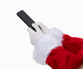 Profile of a Santa Claus hands holding a mobile phone with his thumbs isolated on a white background