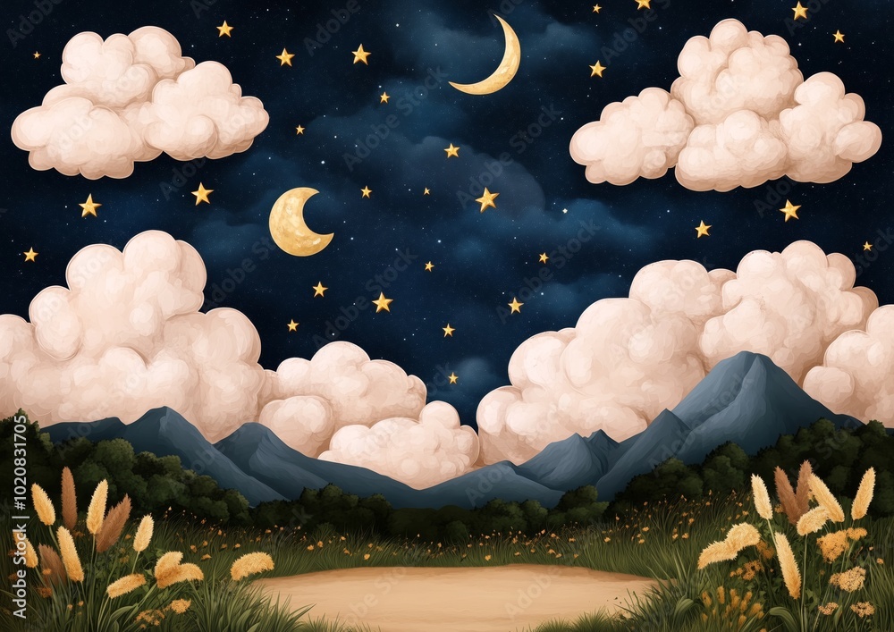 Canvas Prints a painting of a mountain range with a large moon and stars in the sky. the moon is in the middle of 