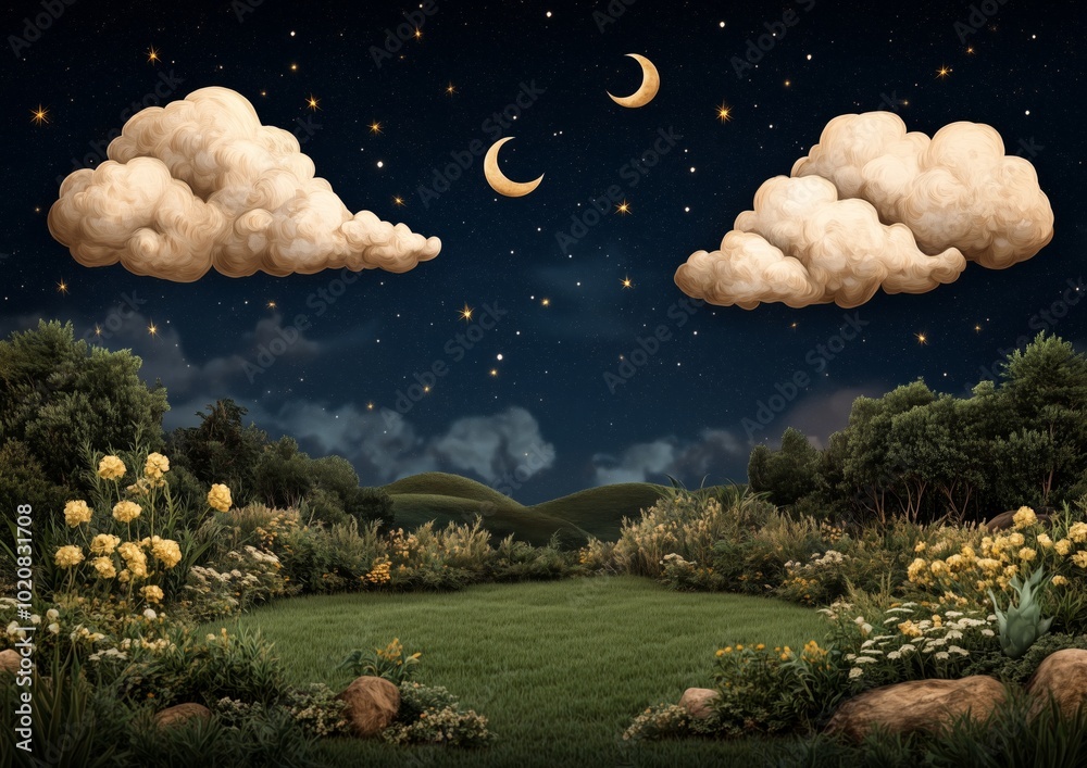Wall mural a field with a large moon and two small crescent moons in the sky. the sky is cloudy and the moon is